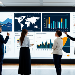 A diverse team of marketing professionals in modest business attire, collaborating in a sleek, modern office. They are gathered around a large interactive digital screen displaying abstract data visualizations and interconnected lines, symbolizing brand narrative and audience insights. The atmosphere is innovative and collaborative, with natural light streaming through large windows. fully clothed, appropriate attire, safe for work, perfect anatomy, correct proportions, natural pose, well-formed hands, proper finger count, natural body proportions, professional photography, high quality, family-friendly.