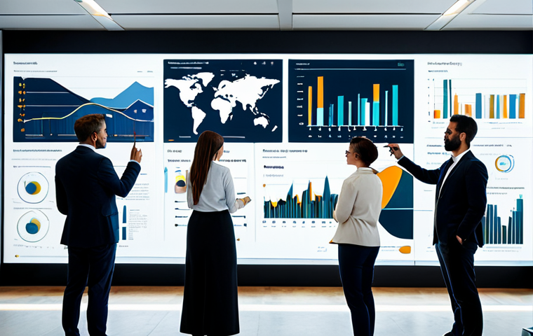 A diverse team of marketing professionals in modest business attire, collaborating in a sleek, modern office. They are gathered around a large interactive digital screen displaying abstract data visualizations and interconnected lines, symbolizing brand narrative and audience insights. The atmosphere is innovative and collaborative, with natural light streaming through large windows. fully clothed, appropriate attire, safe for work, perfect anatomy, correct proportions, natural pose, well-formed hands, proper finger count, natural body proportions, professional photography, high quality, family-friendly.