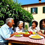 Home 7 Family Gathering**
"A cheerful Italian family (nonna, parents, children) gathered around a table laden with food outdoors in Tuscany, bright sunny day, terracotta villa in the background, safe for work, appropriate content, fully clothed, professional attire, perfect anatomy, correct proportions, natural pose, well-formed hands, proper finger count, natural body proportions, professional photography, high quality, family-friendly, modest."
**