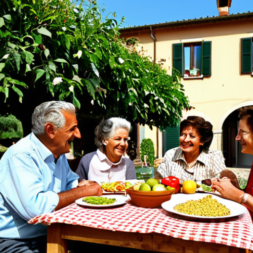 Home 13 Family Gathering**
"A cheerful Italian family (nonna, parents, children) gathered around a table laden with food outdoors in Tuscany, bright sunny day, terracotta villa in the background, safe for work, appropriate content, fully clothed, professional attire, perfect anatomy, correct proportions, natural pose, well-formed hands, proper finger count, natural body proportions, professional photography, high quality, family-friendly, modest."
**