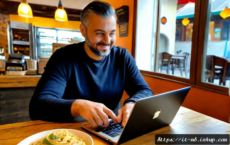 업종별 온라인 명성 관리 전략 - Photorealistic Italian neighborhood restaurant owner reviewing online reputation on a laptop beside ...